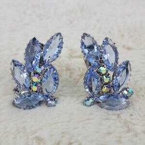 1950s Vintage Clip Earrings with Ice Blue and Aurora Borealis Rhinestones